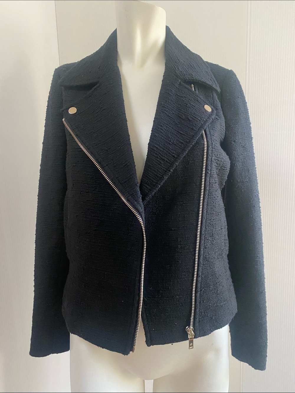 Massimo Dutti Black Textured Zip Moto Jacket